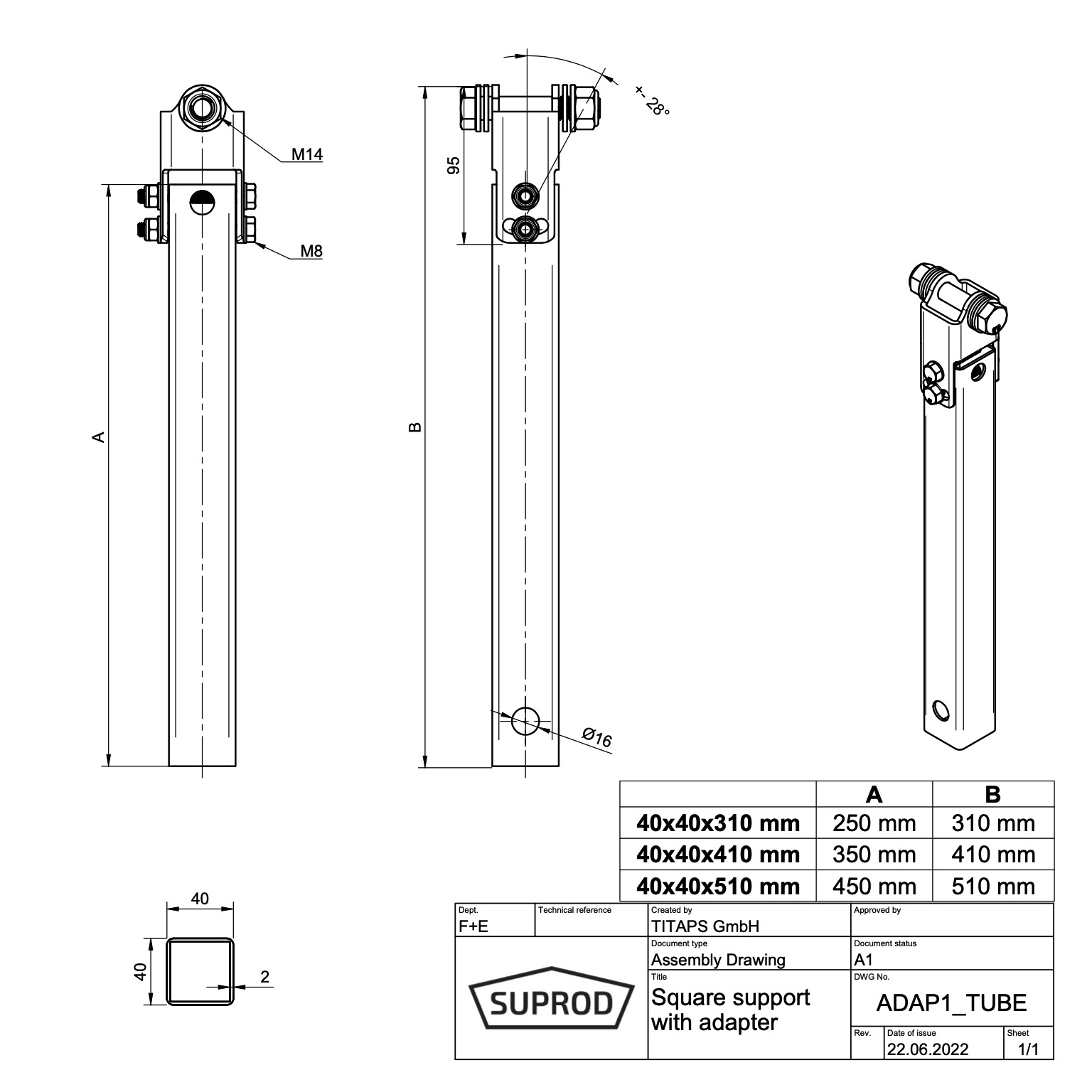 Vierkantstütze mit Adapter Klemmstütze Boot Trailerstütze verzinkt SUPROD, 40x40x310/410/510 mm Sliphilfe 1